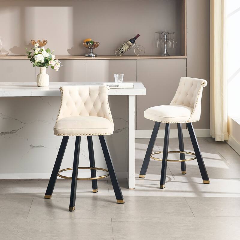 Versatile Velvet Tufted Bar Chairs Set of 2 Swivel Bar Stools with Back Pull Ring, Rivet Decoration and Wooden Square Foot