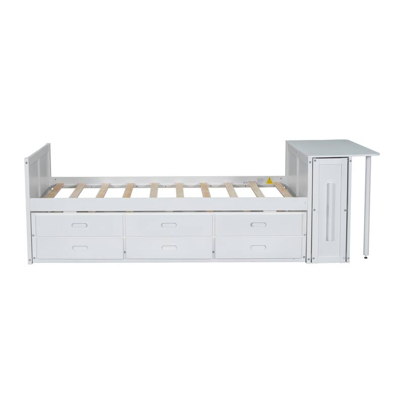 Twin Wood Platform Bed with Pull-Out Trundle, Built-in Desk, End Storage Shelf & 3 Drawers, for Kids or Teens