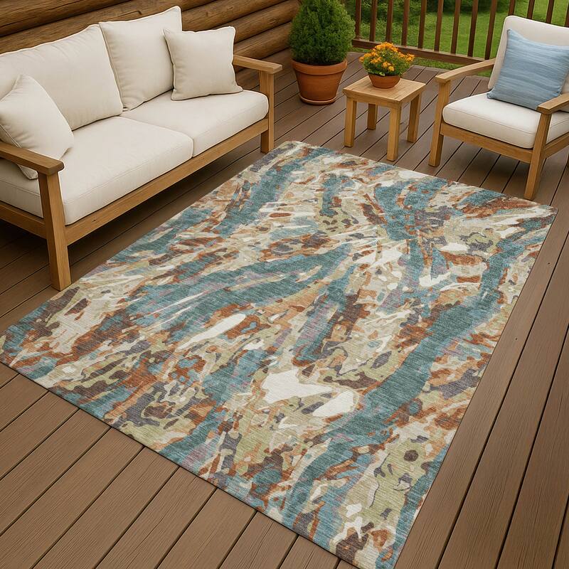 Machine Washable Indoor/ Outdoor Brushstrokes Chantille Rug - Teal - 10' x 14'