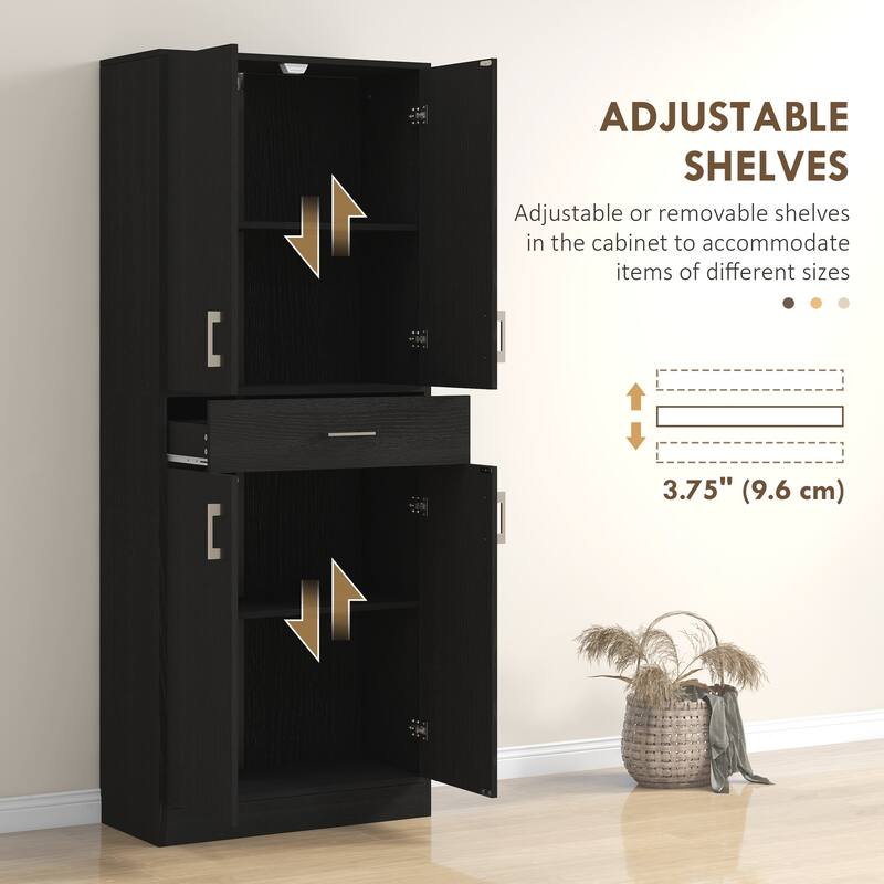 Kitchen Pantry Cabinet Buffet with Drawer and Adjustable Shelf, Tall Storage Cabinet with 2 Double Door Cupboards - Black