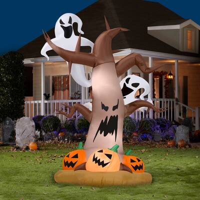 Gemmy Airblown Dead Tree w/Ghosts on Top+Pumpkins, 8 ft Tall, Brown