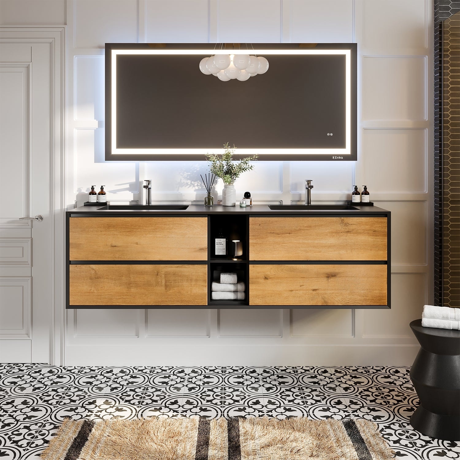 eviva Vienna 75 inch White Oak with Black Frame Wall Mount Double Sink Bathroom Vanity with Black Integrated Acrylic Top