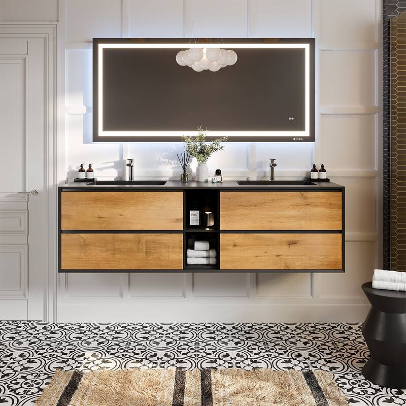 Vienna 75" White Oak with Black Frame DS Bath Vanity with Integrated Acrylic Top