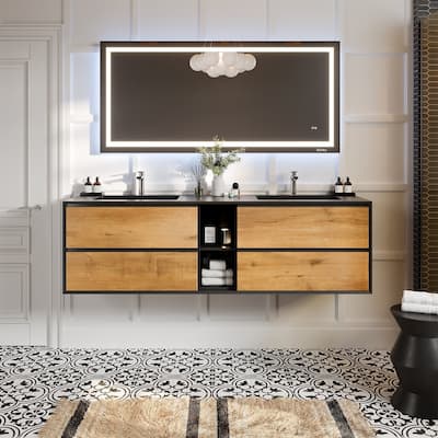 Vienna 75" White Oak with Black Frame DS Bath Vanity with Integrated Acrylic Top