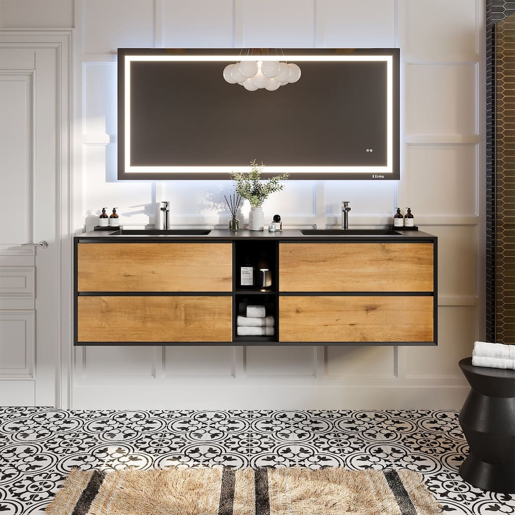 Vienna 75" White Oak with Black Frame DS Bath Vanity with Integrated Acrylic Top