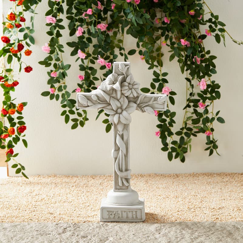 Glitzhome 21"H MGO Holy Christian Cross with Lily Garden Statue for Outdoor Indoor Christ Decor Sculpture