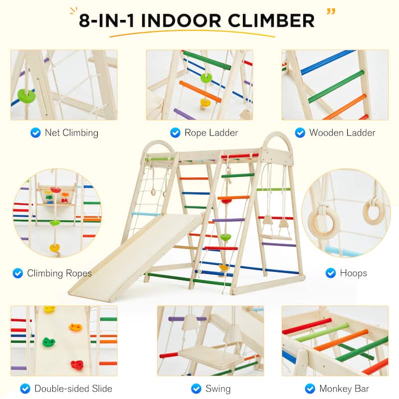 EROMMY 8-in-1 Wooden Climbing Gym for Kids - Indoor Playground Set with Slide, Monkey Bars, Climbing Wall, Wood & Rope Ladder