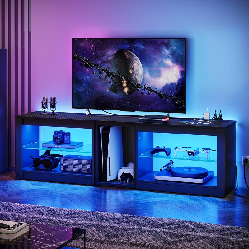63" TV Stand Gaming Entertainment Center for TVs up to 70" with LED Lights Cabinet and Shelves