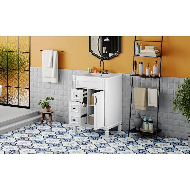 24" Bathroom Vanity With Ceramic Sink, Small Bathroom Sink Cabinet, Modern Cabinet With 2 Drawers And Adjustable Shelf