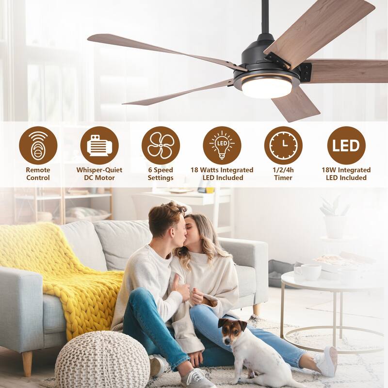52" Farmhouse Integrated LED Black Dimmable Ceiling Fan with Light and Remote - 52" D x 52" W x 13.2" H