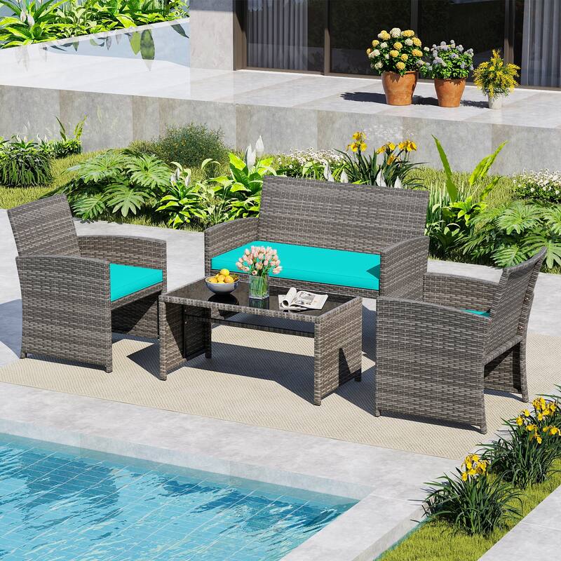 4 Piece Outdoor Patio Furniture Set Mix Gray PE Rattan Loveseat Armchairs and Tempered Glass Coffee Table with Cushions