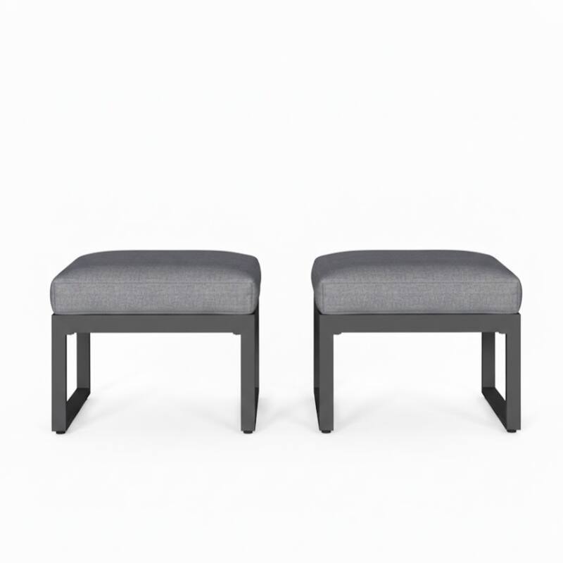 Set of 2 26" Aluminum Patio Ottomans with Thick Gray Cushions