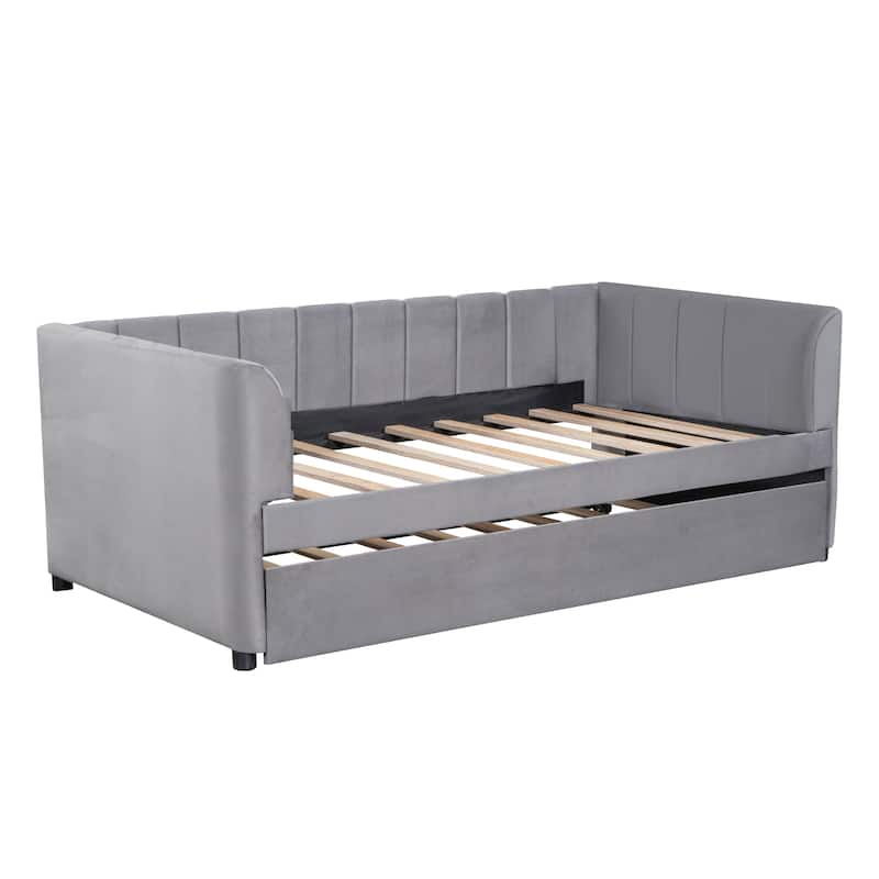 Twin Size Upholstered Daybed with Ergonomic Design Backrest and Trundle, Beige