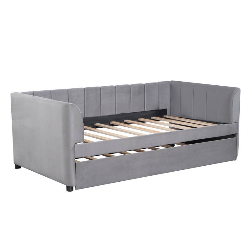 Twin Upholstered Daybed with Ergonomic Backrest and Roll-Out Trundle, Ideal for Small Apartments and Guest Rooms
