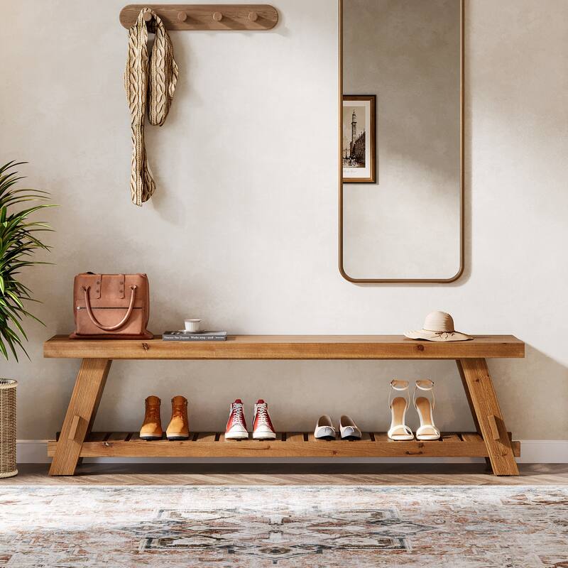 2 Tier Solid Wood Shoe Rack Bench for Entryway, 63 Inch Long Narrow Entryway Bench with Storage Shelf