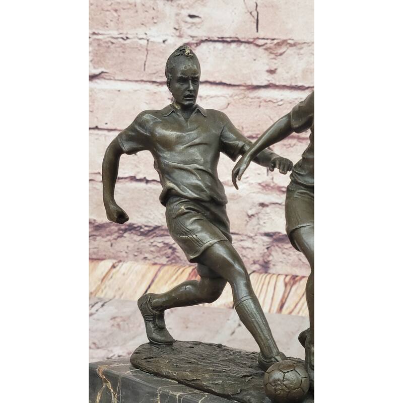 Bronze Soccer Players Sculpture – Dynamic Dual-Player Figurine On Marble Base