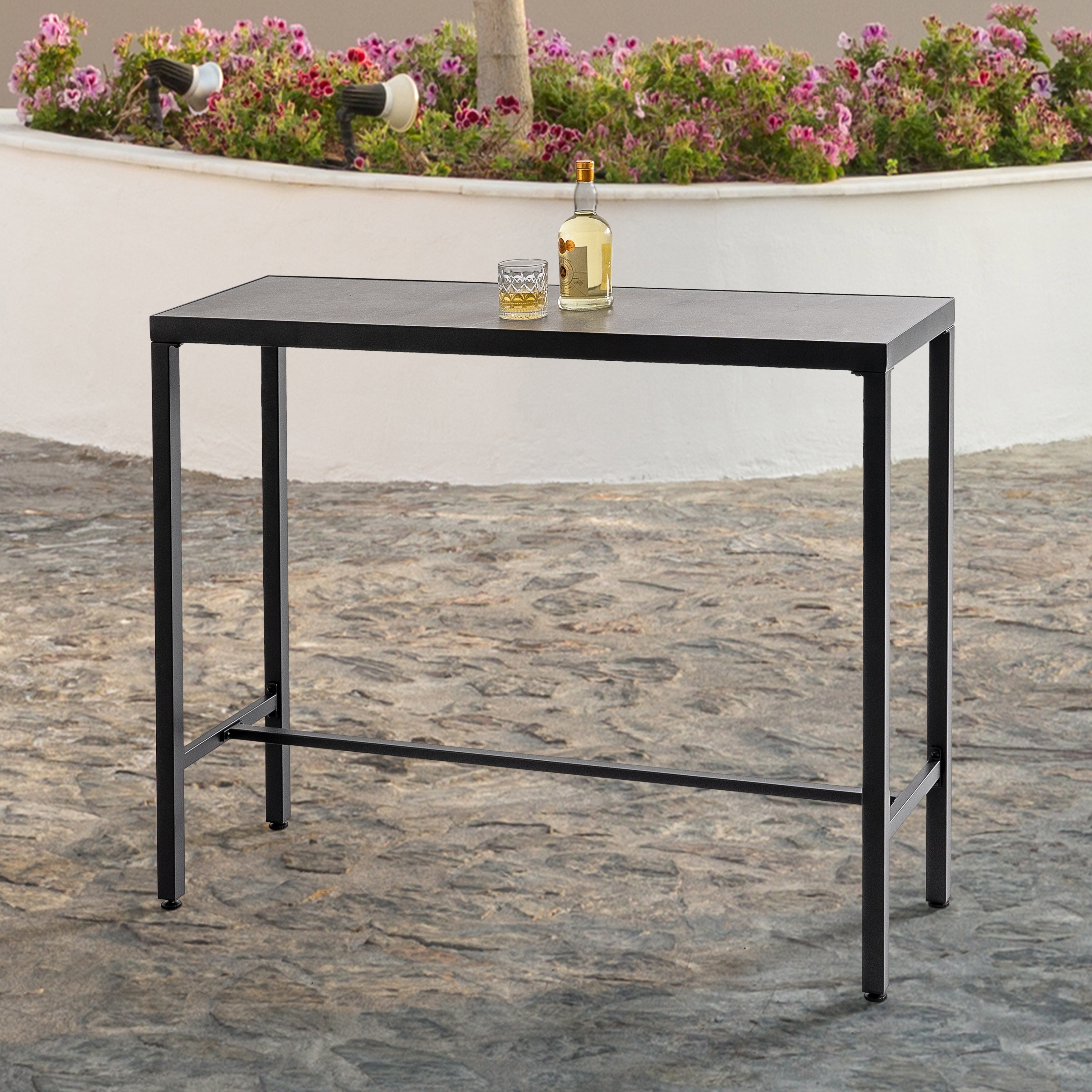 Nuu Garden Outdoor Iron Rectangular Bar Table with 3D-Print Tempered Glass Tabletop, Black and Gray
