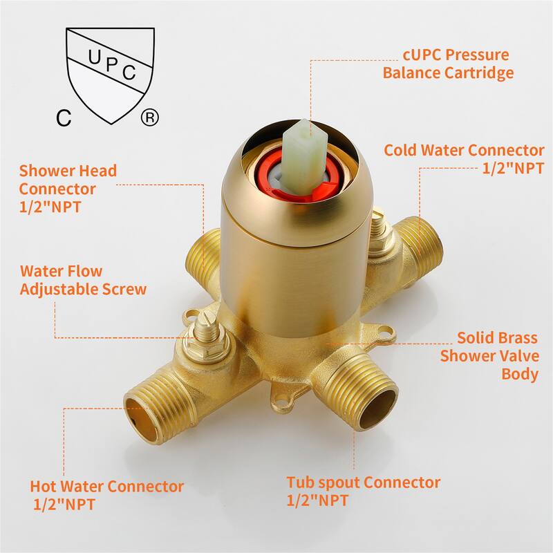 Wall Mounted Dual Head Shower Faucet with Tub Spout, Complete Pressure Balance Brushed Gold Tub Shower System Wth Hand Shower