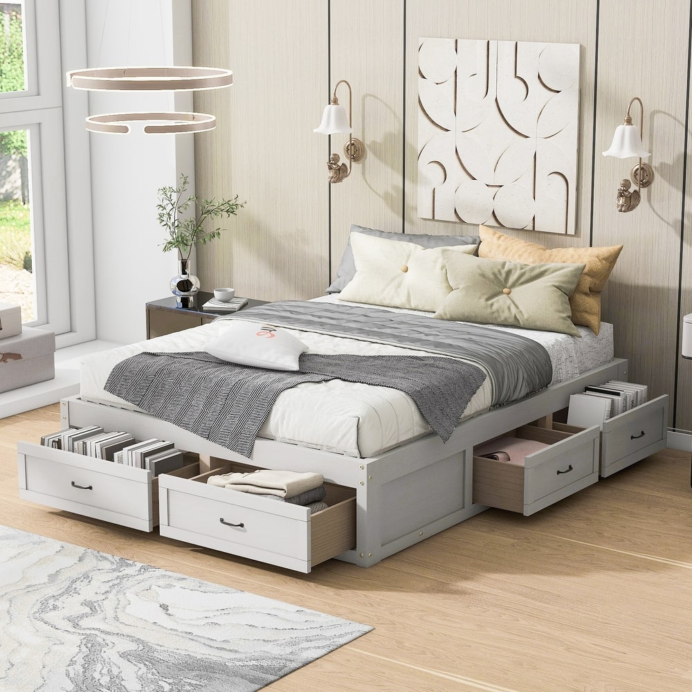 Queen Size Platform Bed Frame with 6 Built-In Storage Drawers, No Headboard, Low Profile Design in Antique