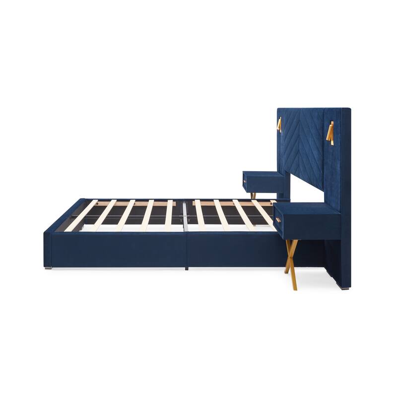 Queen Size Velvet Upholstered Bed Frame with Wingback Headboard, Wooden Slats, No Box Spring Needed