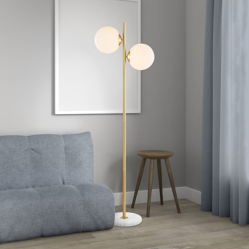 Tyler 60.5" 2-Light Modern Parisian Candlestick Iron LED Floor Lamp, Brass Gold/White by JONATHAN Y - 2 Light