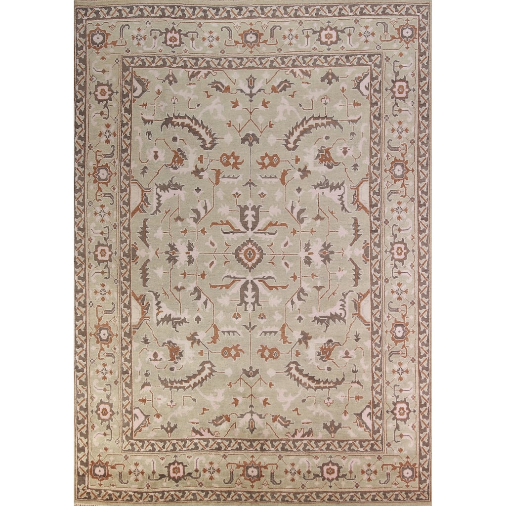 All-Over Light Green Oushak Indian Area Rug Handmade Wool Carpet - 9'1" x 11'10"