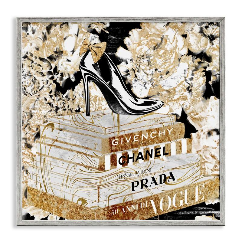 Stupell Fashion Heels and Books Black Gold Designer Details Framed Wall Art,12x12 - 17 x 17 - Grey