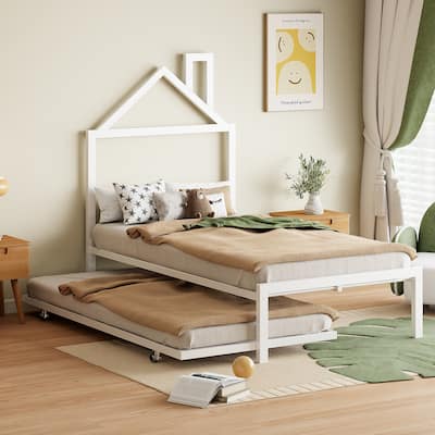 Metal Platform Bed with Twin Size Trundle,House-Shaped Headboard