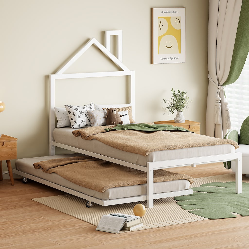 Metal Platform Bed with Twin Size Trundle,House-Shaped Headboard