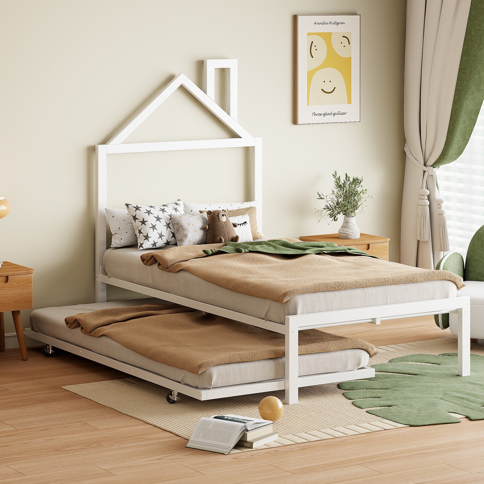 White Bunk Bed Twin Size Metal Bed with Pull out Twin Size Low Profile Grounded Guest Trundle Bed and House Shaped Headboard On Sale Bed Bath Beyond 40767651