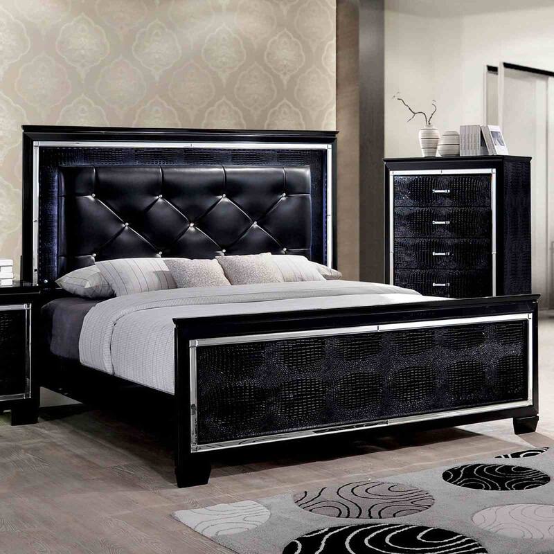 Contemporary 1PC Black Finish Button Tufted LED Light Bed