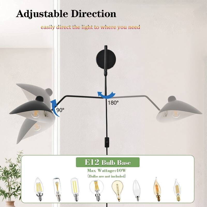 2-Light Plug in Swing Arm Wall Sconce,Plug-in or Hardwired Wall Lamp