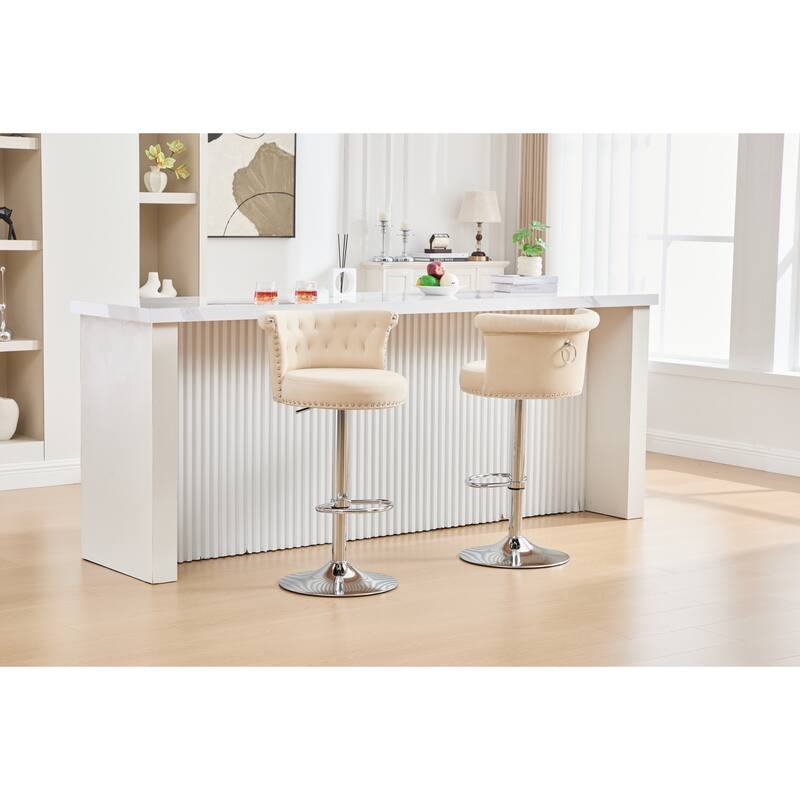 Velvet Bar Stool Set of 2, Adjustable Swivel Bar Stools with Silver Plated Metal Leg, Counter Height Chair
