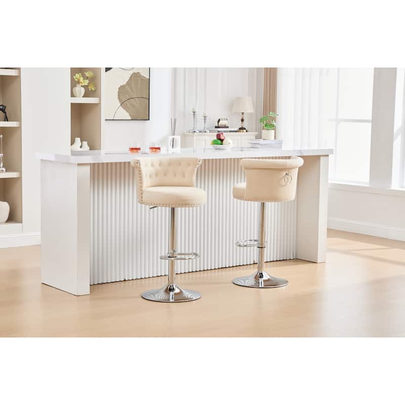 Velvet Upholstered Bar Stool Set of 2, Adjusatble Height Swivel Bar Stools, Dining Chairs with Curved Backrest & Footrest