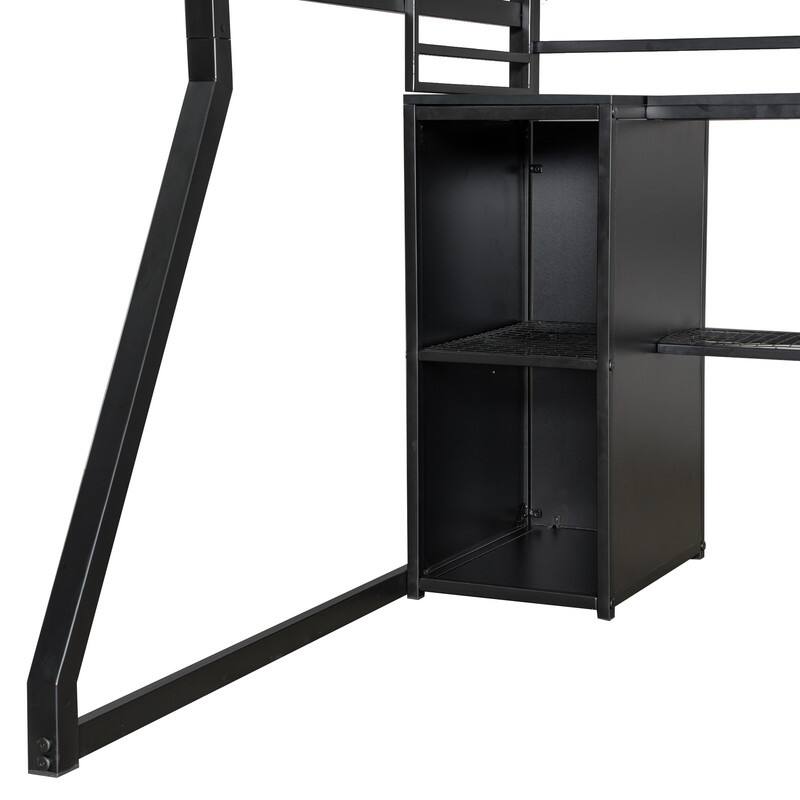 Full Size Metal Gaming Bed with Built-in Desk and LED Light, Storage Loft Bed Frame with Open Wardrobe and Multiple Shelves