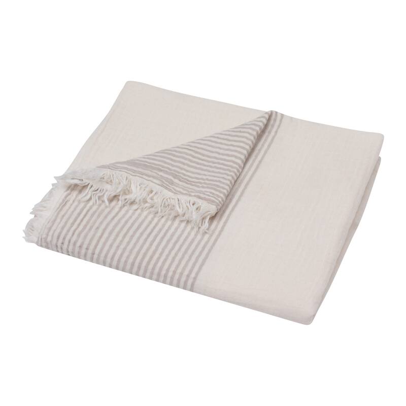 HomeRoots 47" X 60" Beige and Ivory Cotton Woven Striped Throw Blanket with Fringe