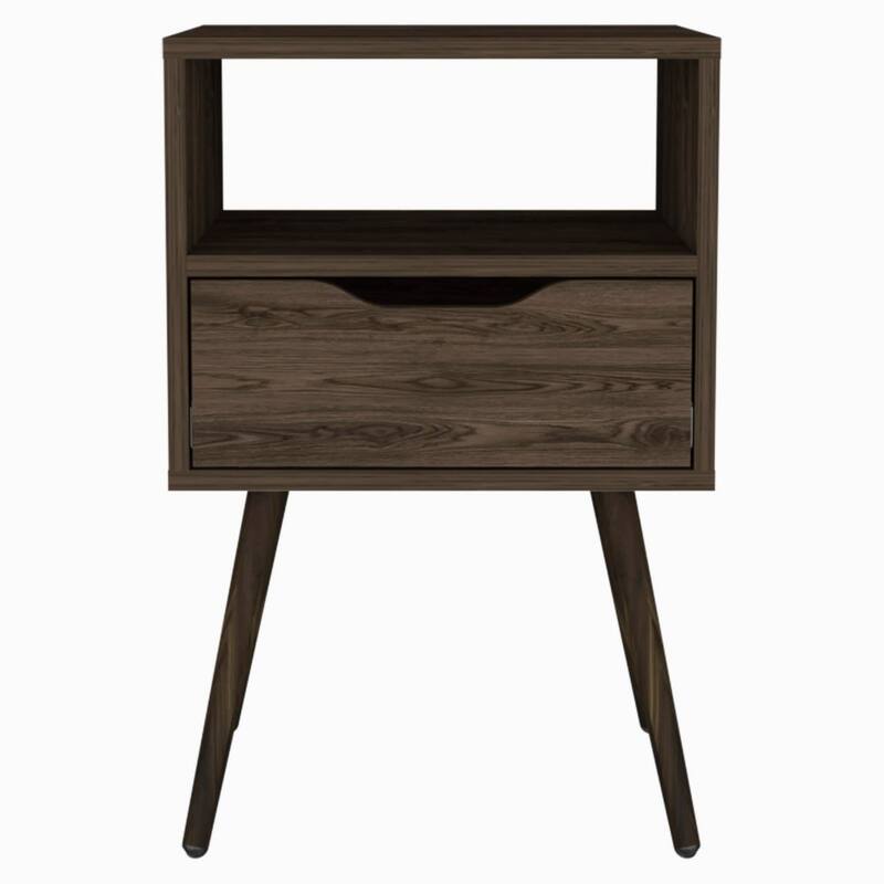Dark Walnut Nightstand with Open Shelf, Drawer, and Four Legs