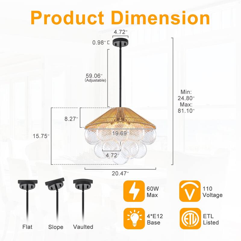 20.5" 4-Light Farmhouse Rope Chandelier Cone Shades Clear Glass Balls - Dia.20.5-in