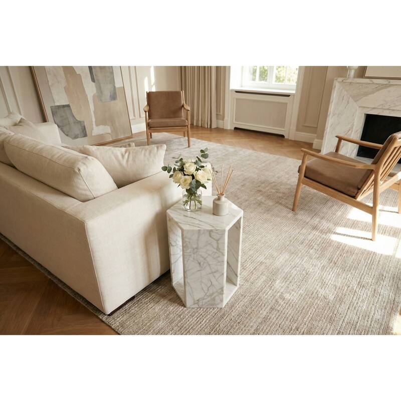 Roomfitters Luxury Natural Marble Hexagon Side Table, Solid Stone Geometric Pedestal End Table, Polished Finish