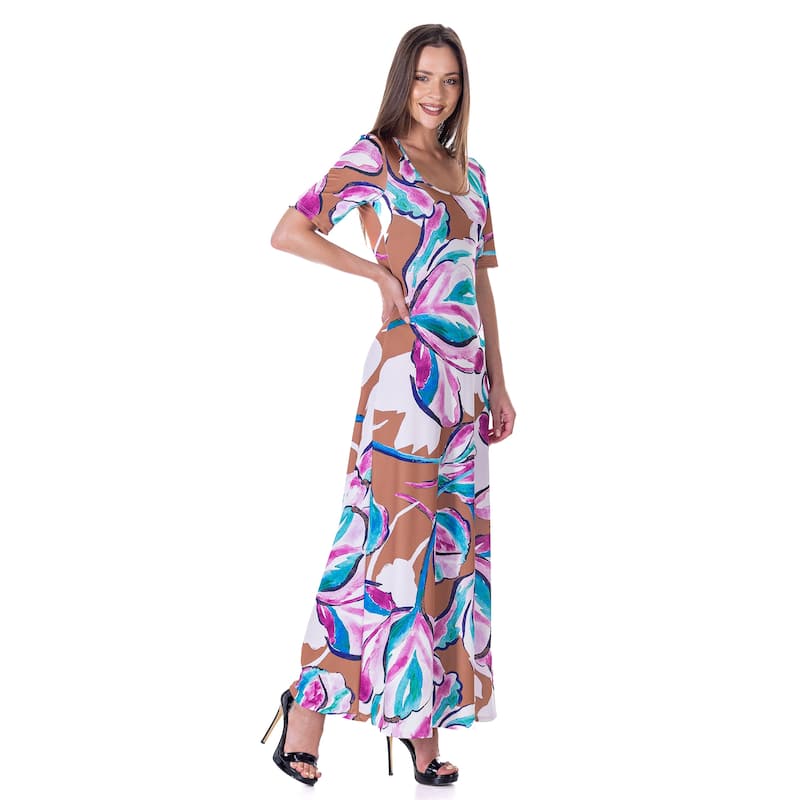 24seven Comfort Apparel Womens Pink Floral Elbow Sleeve Casual A Line Maxi Dress