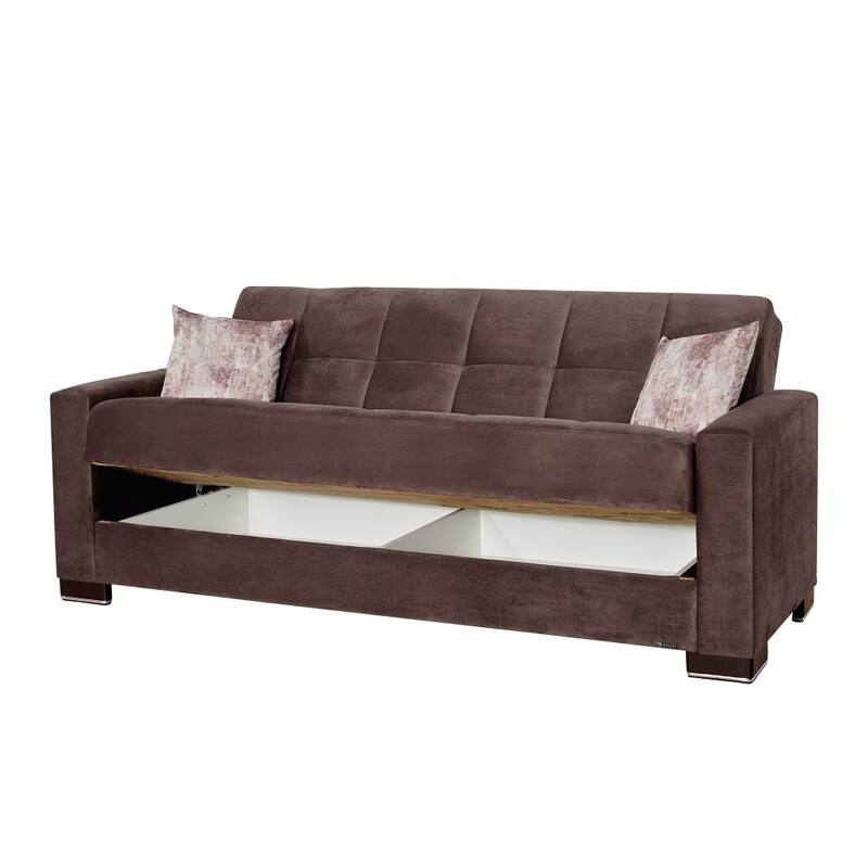 HomeRoots 87" Brown Microfiber Convertible Futon Sleeper Sofa And Toss Pillows With Storage