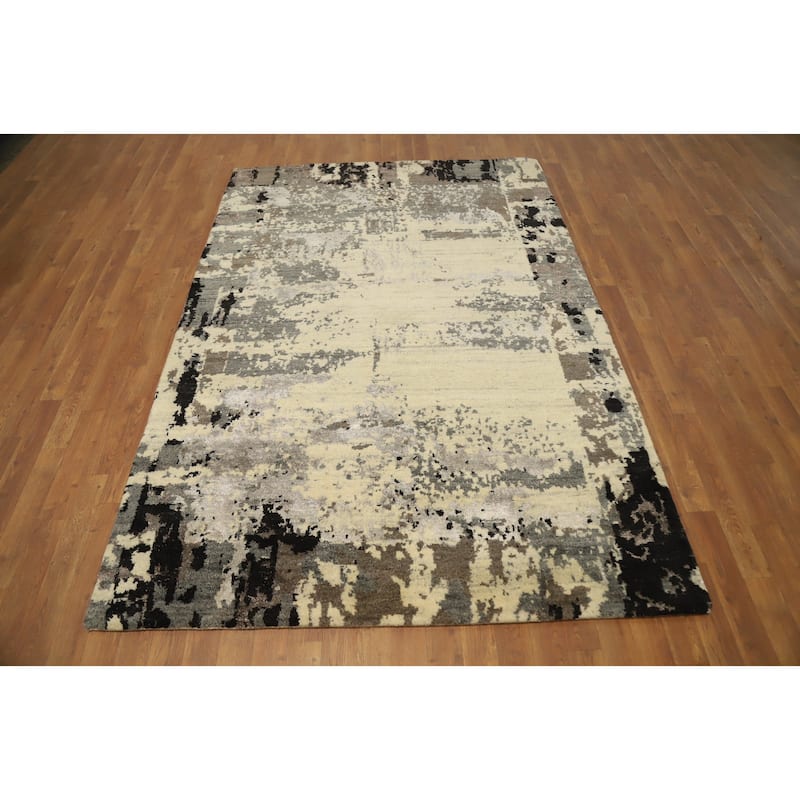 Hand Knotted Oriental 100% Wool Carpet Modern Abstract Beige & Ivories Gabbeh Area Rug - 7' 6'' X 5' 2''