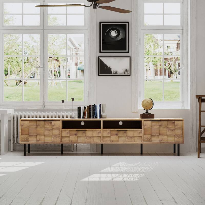 Mid Century TV Stand Media Console Table for TVs up to 85" with 2 Drawers - Natural