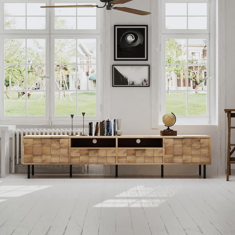 Mid-Century TV Stand with 2 Drawers, Vintage Wood Media Console for TVs up to 85'', Living Room Storage Cabinet w/ Open Shelves