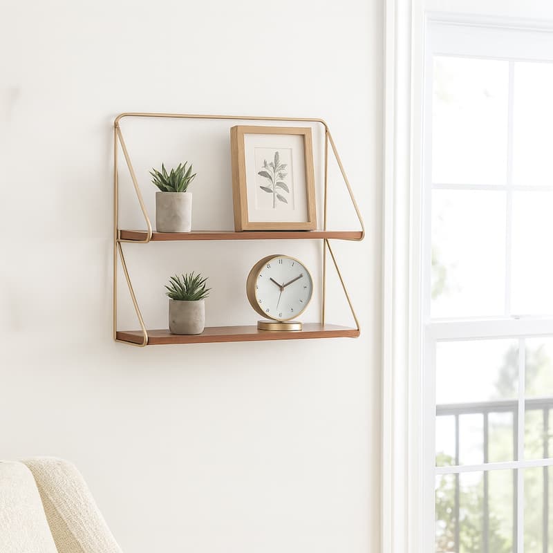 Metal Wood Frame Two-Tier Wall Shelf - 20.0"