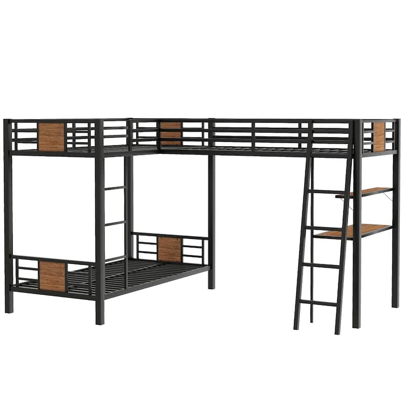 L-Shaped Twin over Twin Bunk Bed with Loft Bed, Desk, and Shelf, Brown