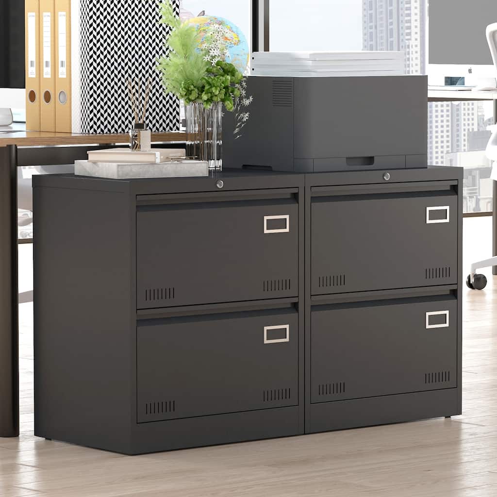 Anmytek Black File Cabinet Double Drawer Locking Office Storage Desk Organizer