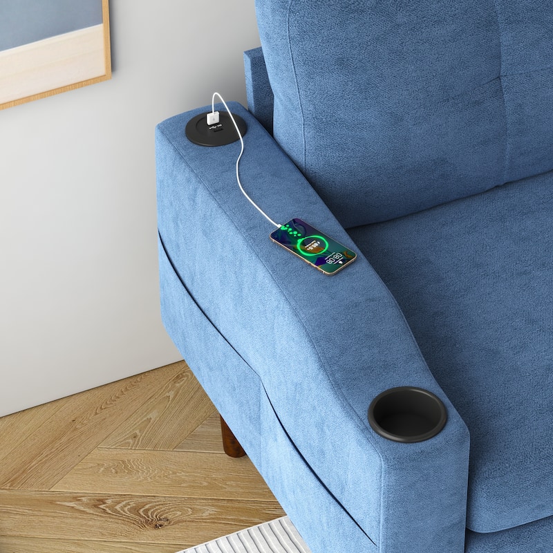 Blue 78.74" Fabric Convertible L-Shaped Sofa with Storage Ottoman, USB Port, and Cup Holder