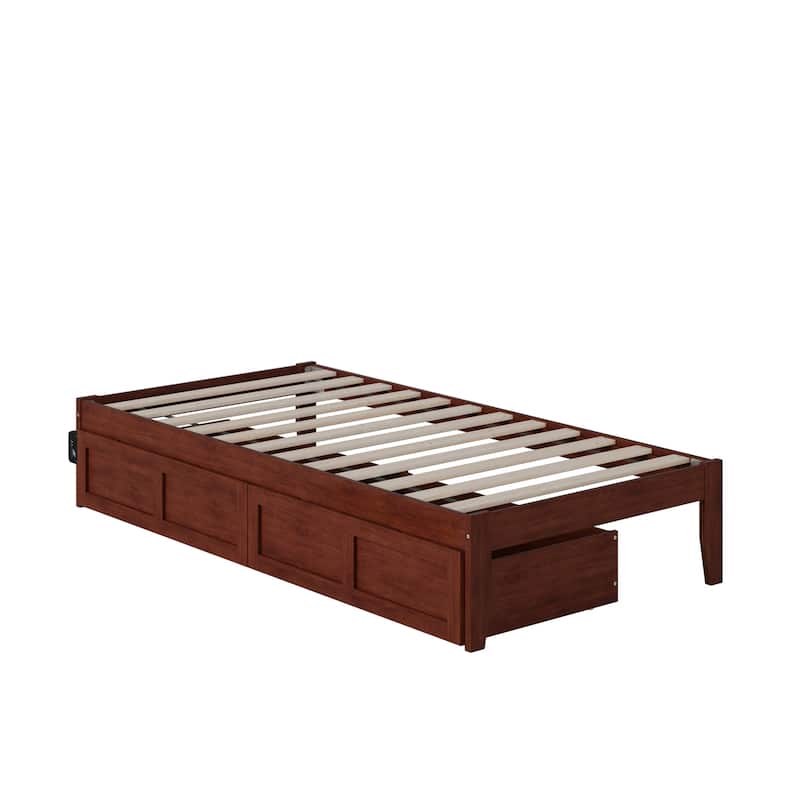 Vogue Twin Bed with USB Charger & Drawers - Walnut Finish, Modern Style Bed Frame with Storage