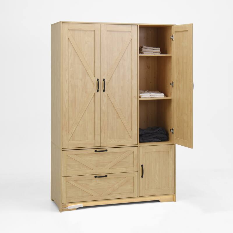 4 Doors Wardrobe Closet with Mirror, LED Wardrobe with Doors and 2 Drawers, Wooden Wardrobe Storage Cabinet with Hanging Rod